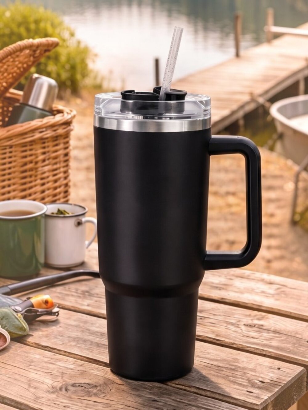 40oz Stainless Steel Tumbler Handle Straw Matte Black Vacuum Insulated Mug 10.6"